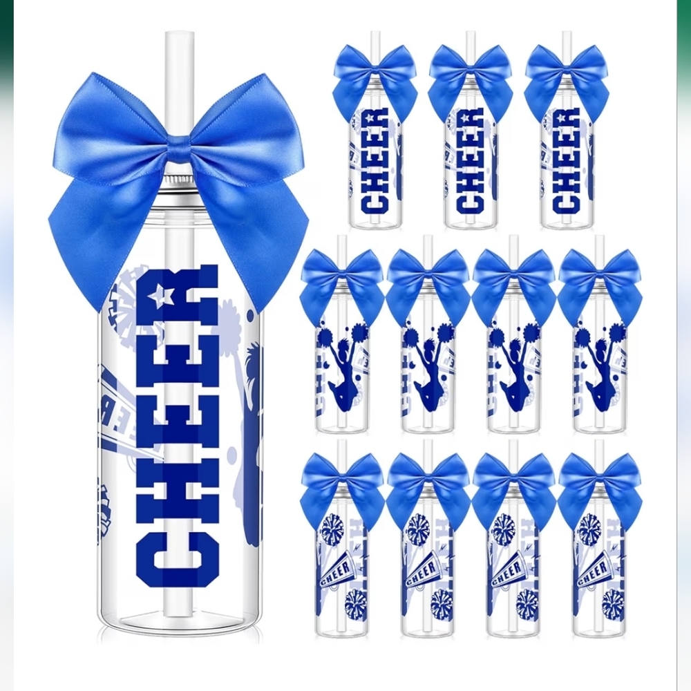 12-Pack Cheerleader Water Bottles 14 oz – Blue Bow Tumblers with Lid & Straw